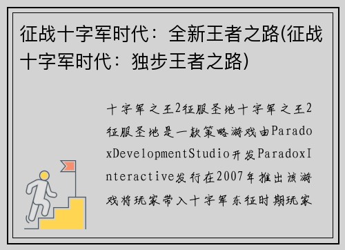 征战十字军时代:全新王者之路(征战十字军时代:独步王者之路)
